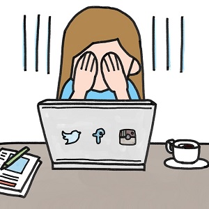 An animated girl sitting in front of a laptop with social media logos on it crying.