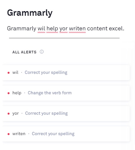 This image contains text with misspellings that read "Grammarly will help your written content excel."