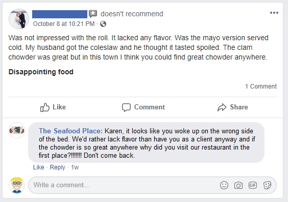 Image contains a screen shot of a bad review on Facebook.