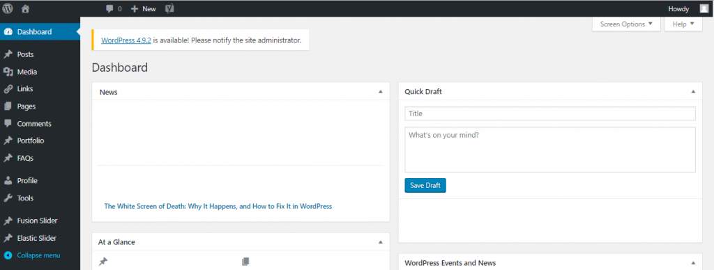 WordPress backend Back-end of CMS WordPress